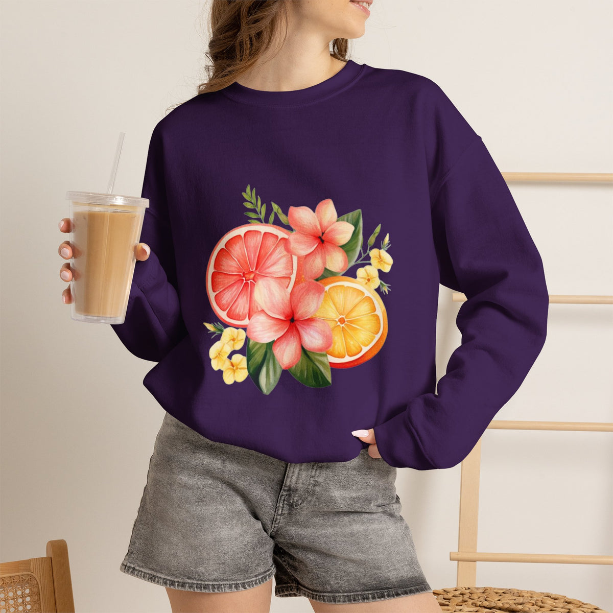 ORVIAN — Tropical Citrus & Pink Floral Crewneck, Grapefruit Orange Watercolor Unisex Heavy Blend