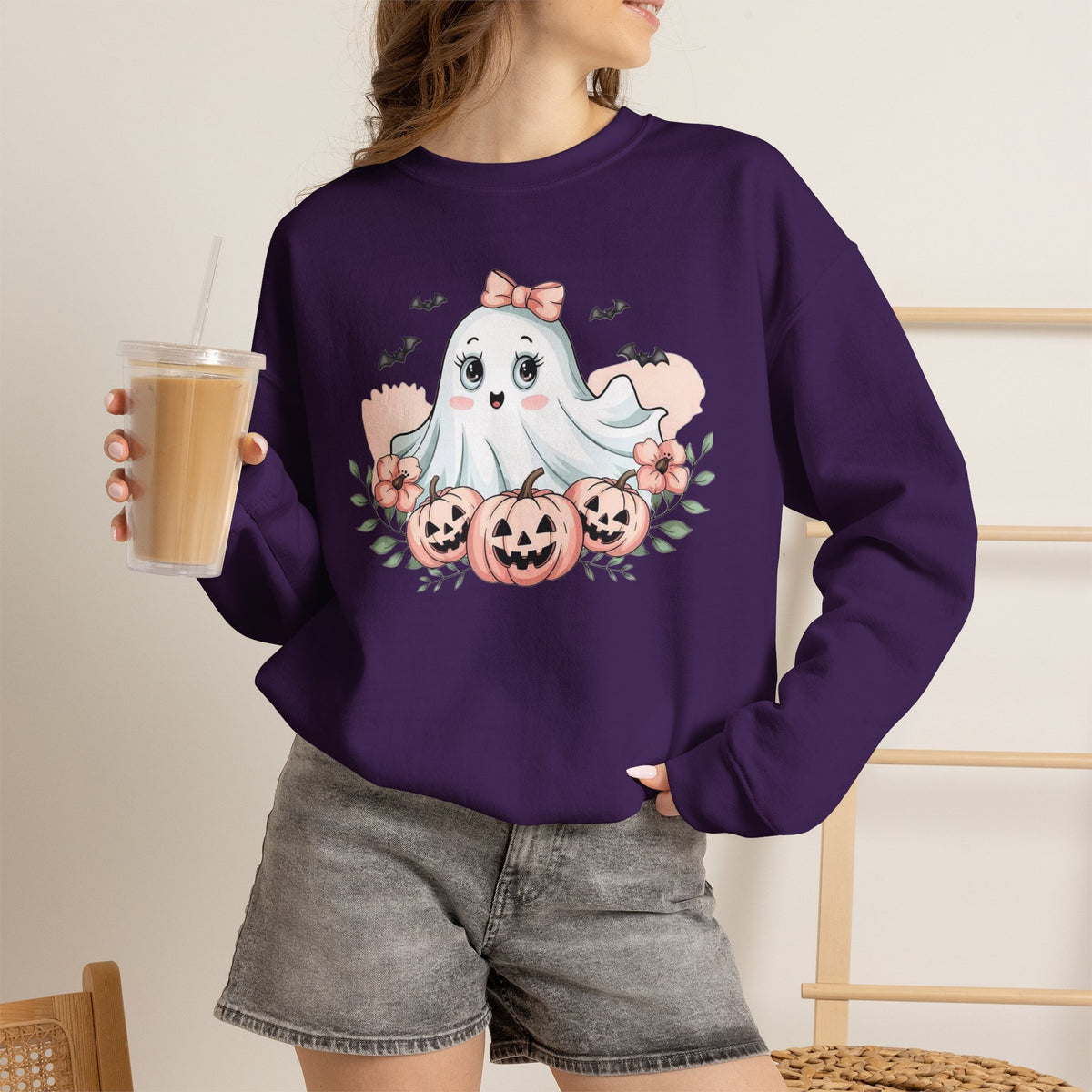 ORVIAN — Pink Halloween Coquette Ghost Crewneck, Bow & Pumpkin Unisex Heavy Blend