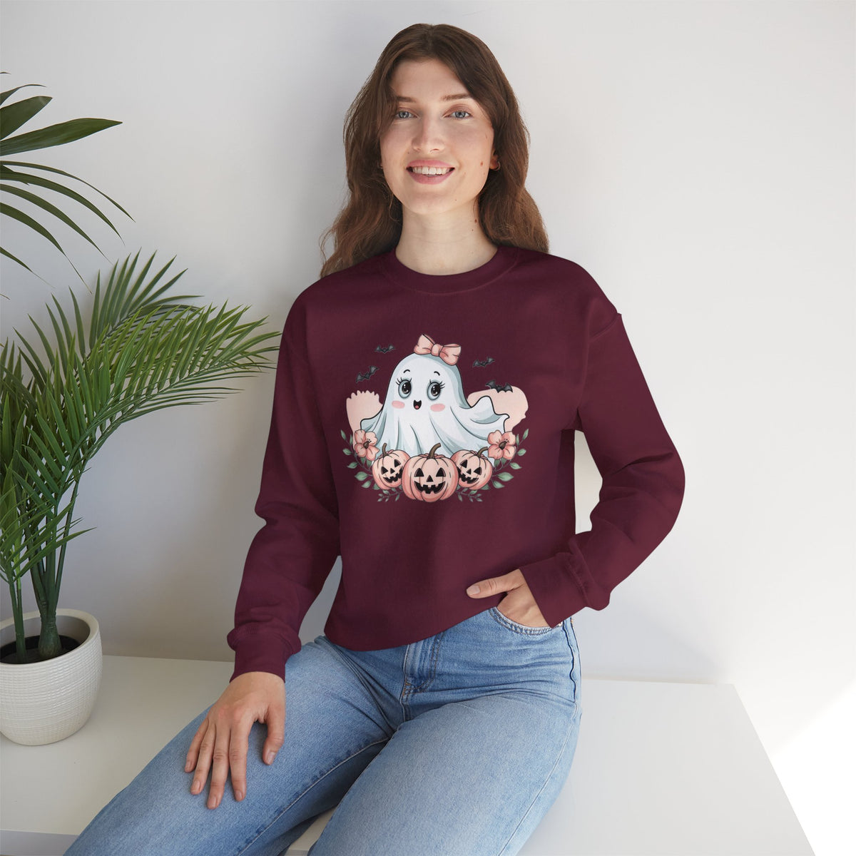 ORVIAN — Pink Halloween Coquette Ghost Crewneck, Bow & Pumpkin Unisex Heavy Blend