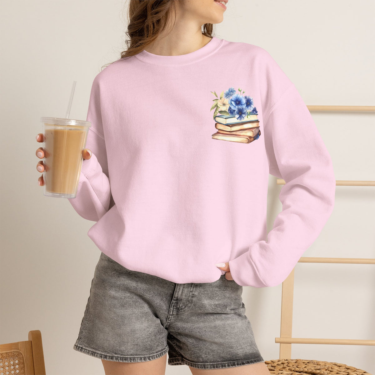 ORVIAN — Blue Watercolor Floral Book Crewneck, Open Book Wildflower Literary Unisex Heavy Blend
