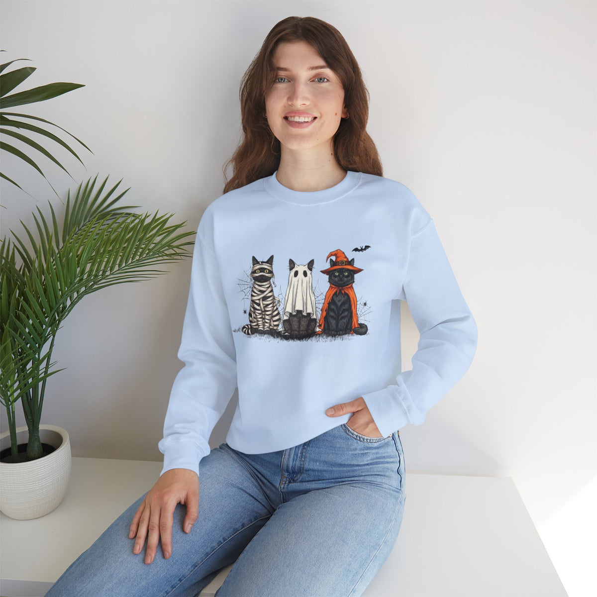ORVIAN — Halloween Cats & Ghosts Crewneck, Spooky Cute Black Cat Unisex Sweatshirt