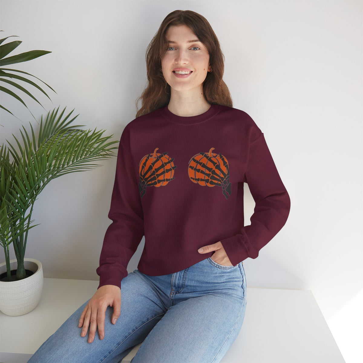 ORVIAN — Pumpkin Bra & Trick or Treat Halloween Crewneck, Skeleton Hands Unisex Heavy Blend