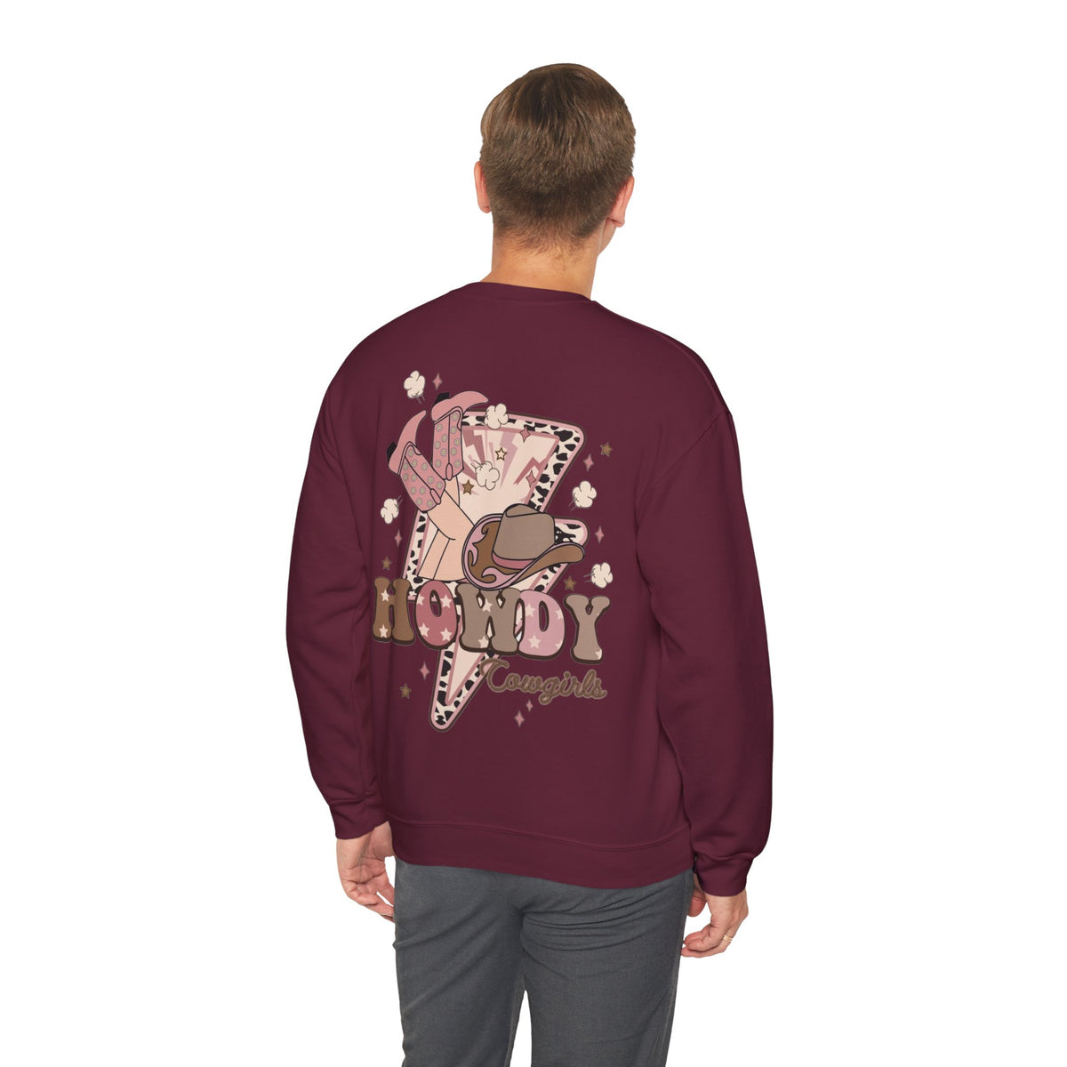 ORVIAN — Howdy Cowgirls Western Crewneck, Leopard Lightning Bolt & Cowgirl Boots Unisex Heavy Blend
