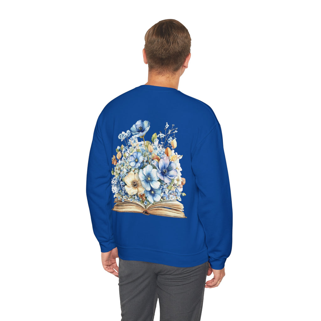 ORVIAN — Blue Watercolor Floral Book Crewneck, Open Book Wildflower Literary Unisex Heavy Blend