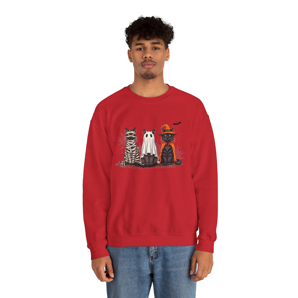 ORVIAN — Halloween Cats & Ghosts Crewneck, Spooky Cute Black Cat Unisex Sweatshirt