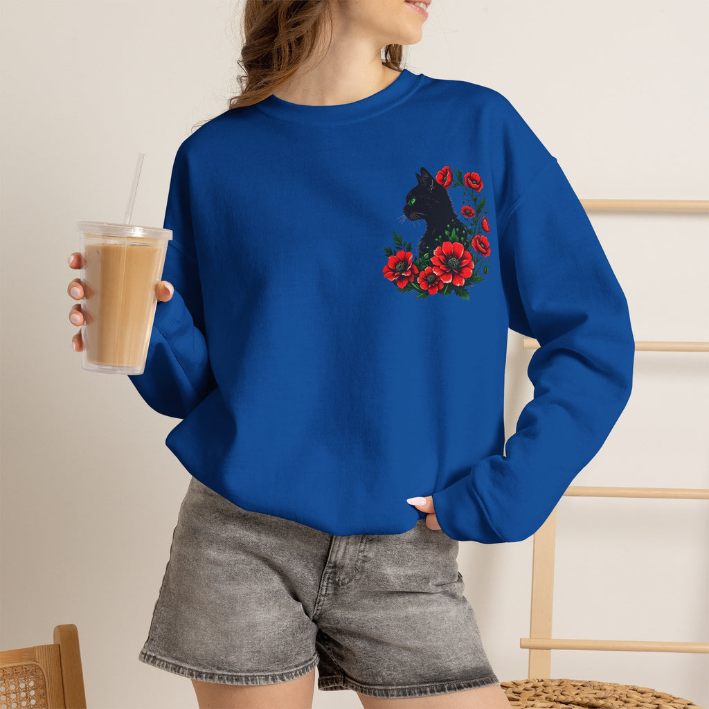 ORVIAN — Black Cat & Red Poppies Floral Crewneck, Elegant Nature Unisex Heavy Blend