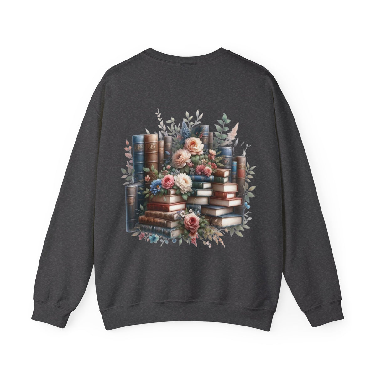 ORVIAN — Blue Watercolor Floral Book Crewneck, Open Book Wildflower Literary Unisex Heavy Blend