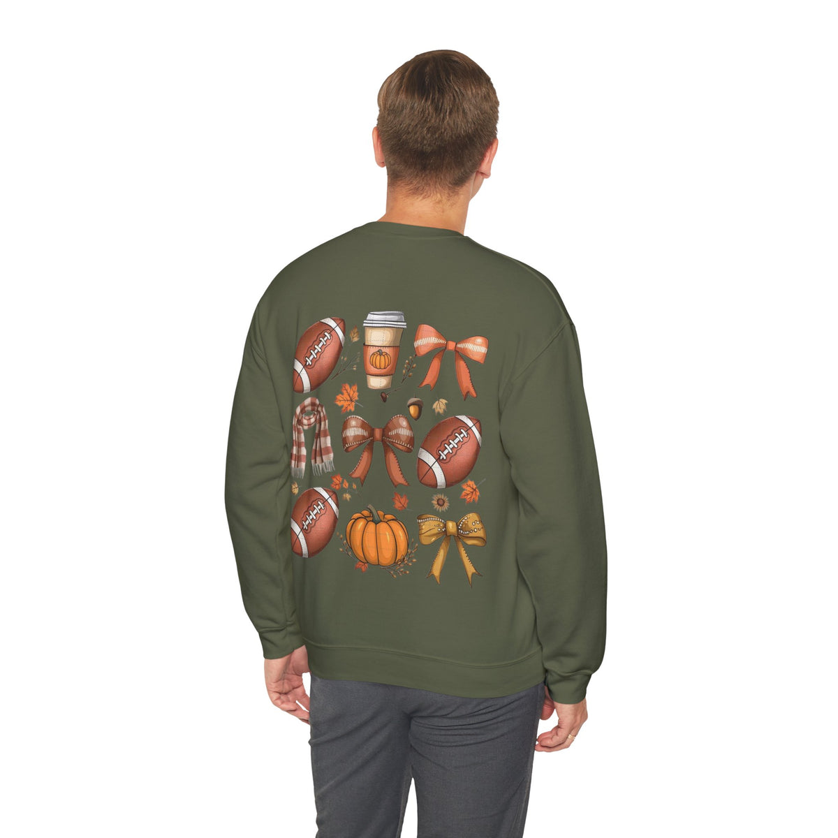 ORVIAN — Coquette Fall Bow & Football Crewneck, Pumpkin Spice Game Day Unisex Heavy Blend