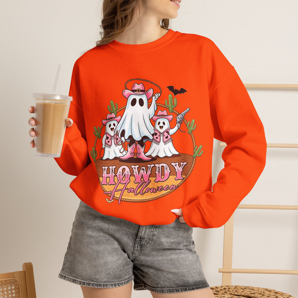 ORVIAN — Howdy Halloween Ghost Cowboy Crewneck, Pink Cowboo Western Unisex Heavy Blend