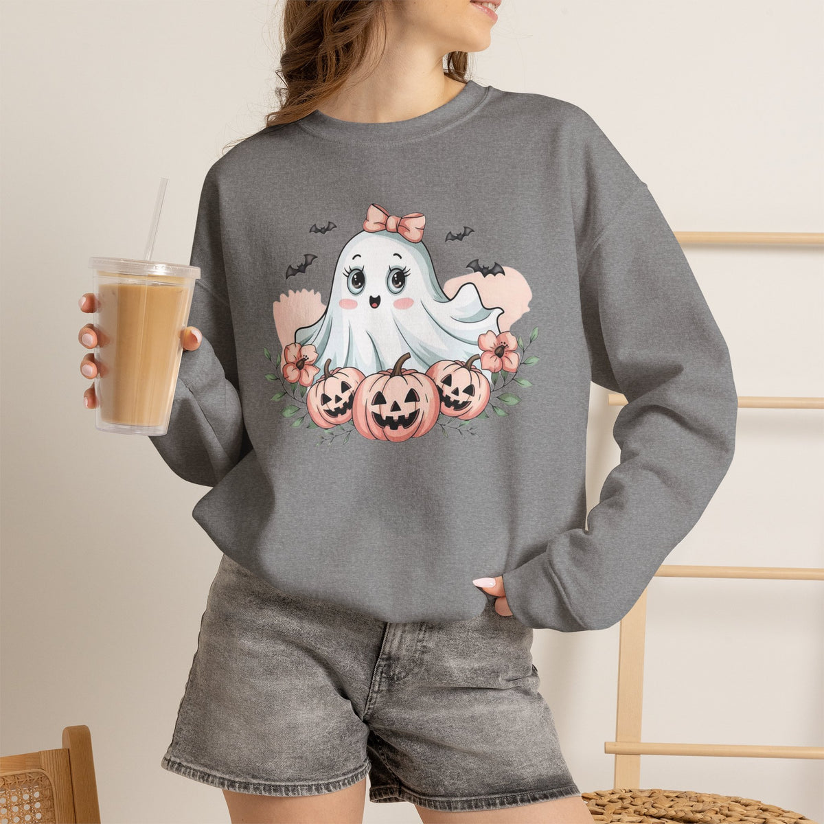 ORVIAN — Pink Halloween Coquette Ghost Crewneck, Bow & Pumpkin Unisex Heavy Blend