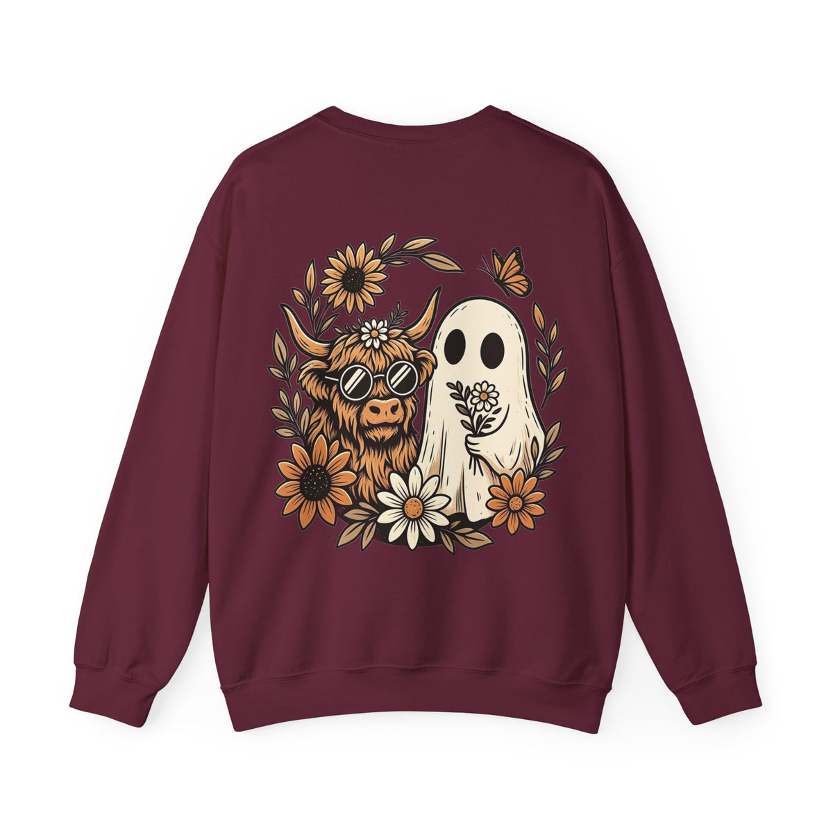 ORVIAN — Highland Cow & Cute Ghost Western Floral Crewneck, Spooky Unisex Sweatshirt