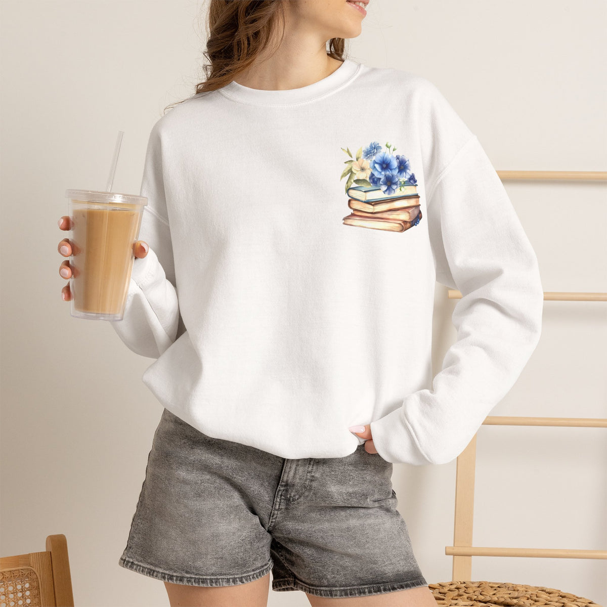 ORVIAN — Blue Watercolor Floral Book Crewneck, Open Book Wildflower Literary Unisex Heavy Blend