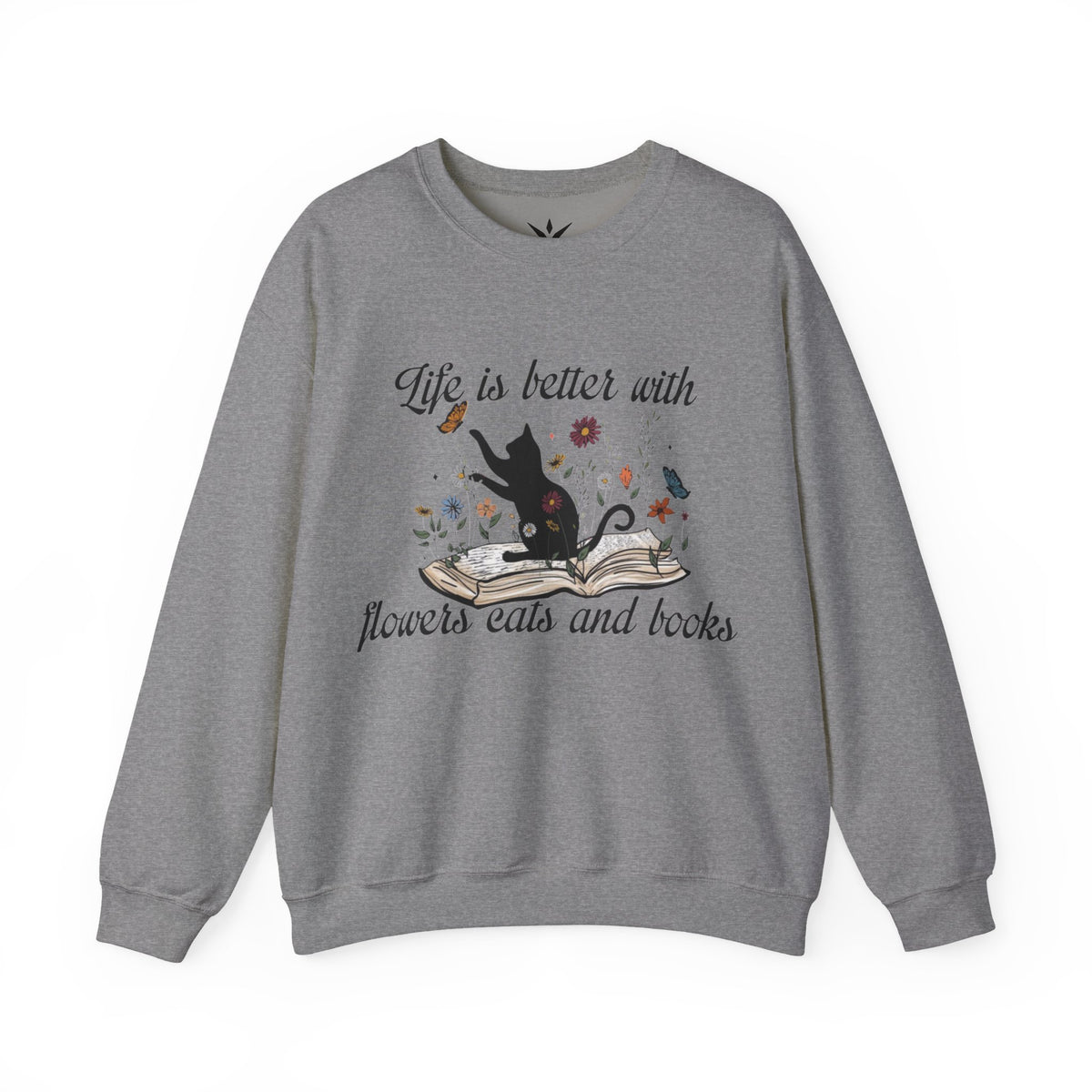 ORVIAN — Life Is Better With Flowers, Cats & Books Crewneck, Black Cat Book Stack Unisex