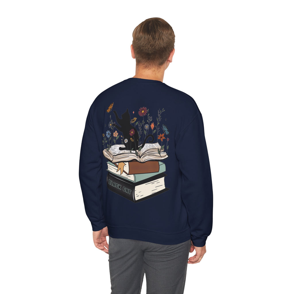 ORVIAN — Life Is Better With Flowers, Cats & Books Crewneck, Black Cat Book Stack Unisex