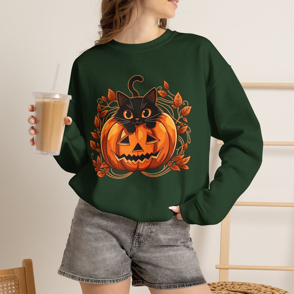 ORVIAN — Black Cat & Pumpkin Halloween Crewneck, Ghost & Coquette Bow Unisex Heavy Blend