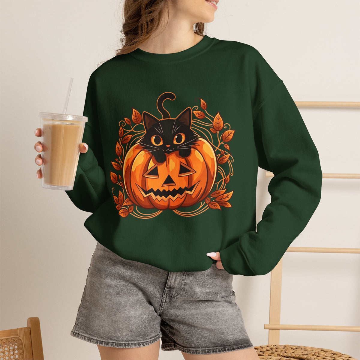 ORVIAN — Black Cat & Pumpkin Halloween Crewneck, Ghost & Coquette Bow Unisex Heavy Blend