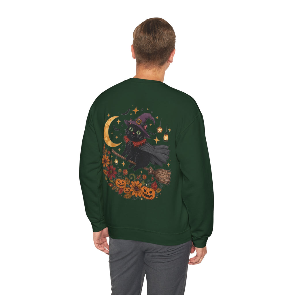 ORVIAN — Witch Cat Halloween Crewneck, Flying Black Cat & Pumpkin Patch Unisex Sweatshirt