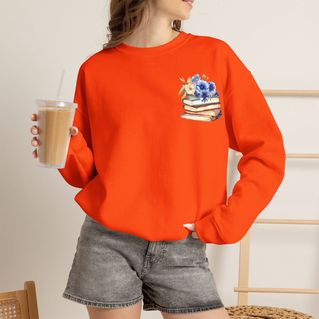 ORVIAN — Blue Watercolor Floral Book Crewneck, Open Book Wildflower Literary Unisex Heavy Blend