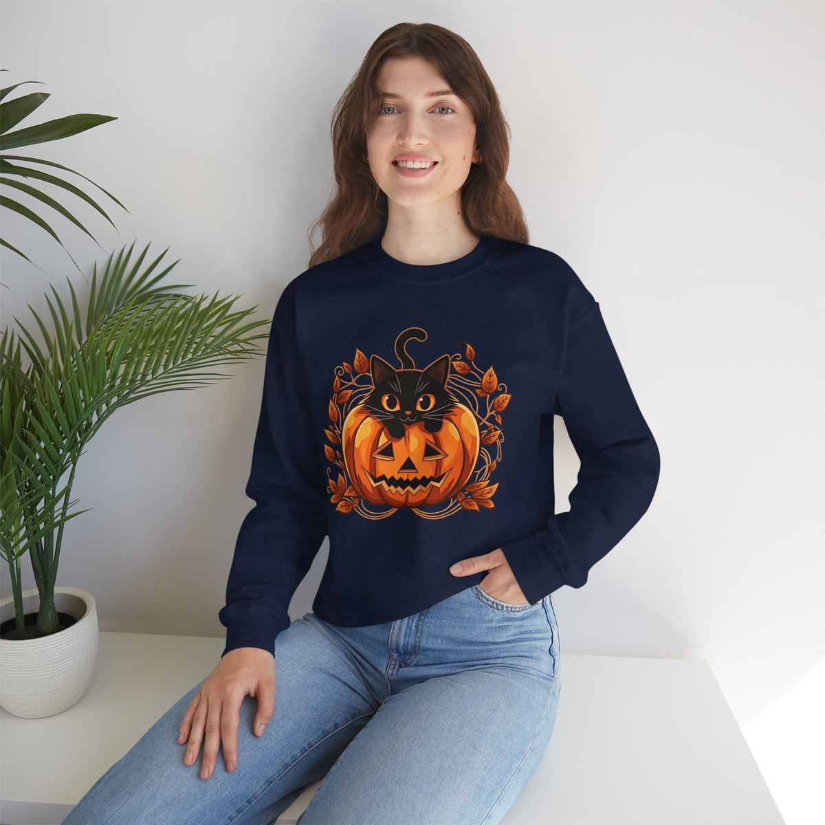 ORVIAN — Black Cat & Pumpkin Halloween Crewneck, Ghost & Coquette Bow Unisex Heavy Blend