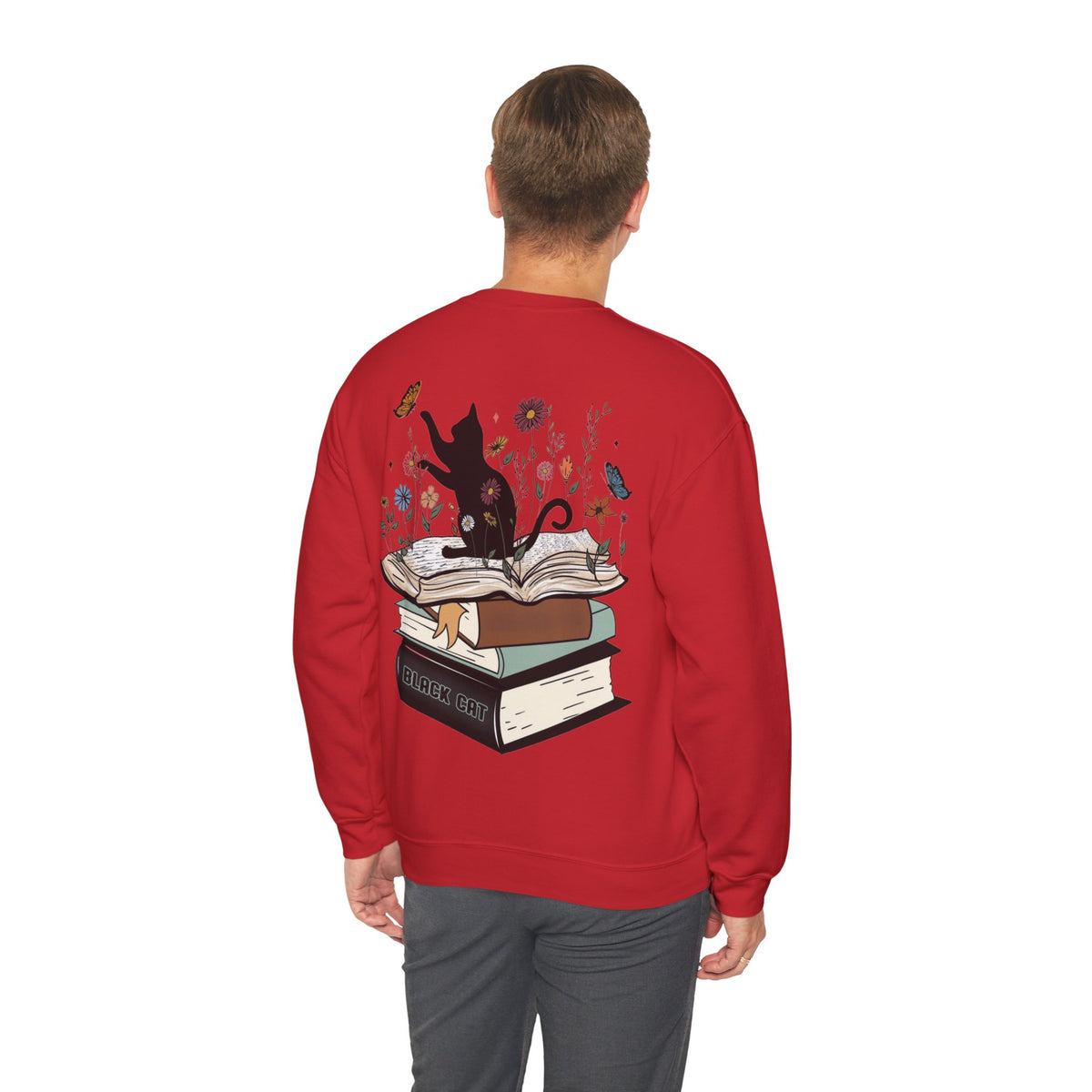 ORVIAN — Life Is Better With Flowers, Cats & Books Crewneck, Black Cat Book Stack Unisex