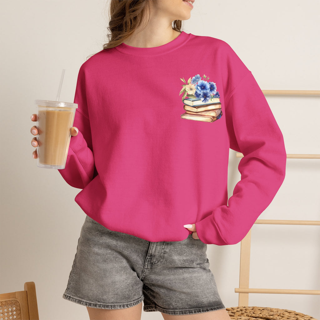 ORVIAN — Blue Watercolor Floral Book Crewneck, Open Book Wildflower Literary Unisex Heavy Blend