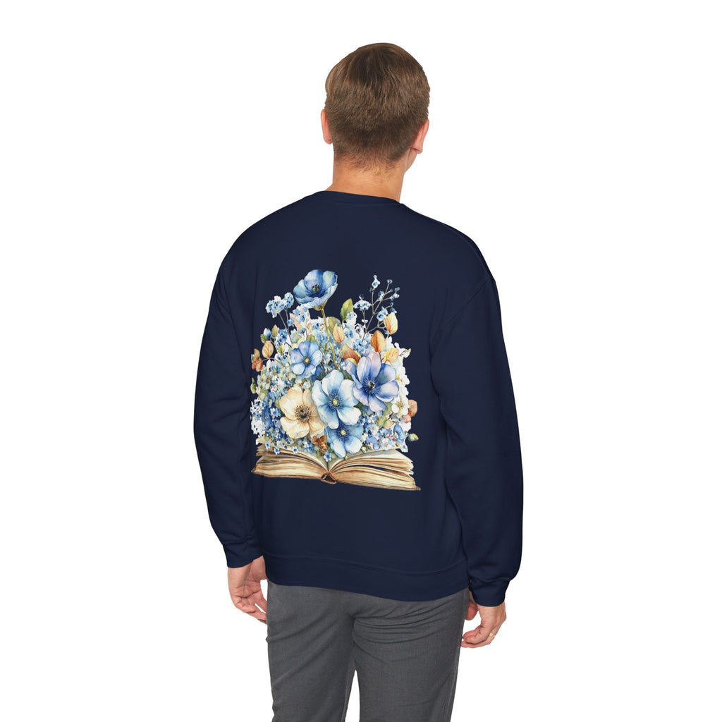 ORVIAN — Blue Watercolor Floral Book Crewneck, Open Book Wildflower Literary Unisex Heavy Blend
