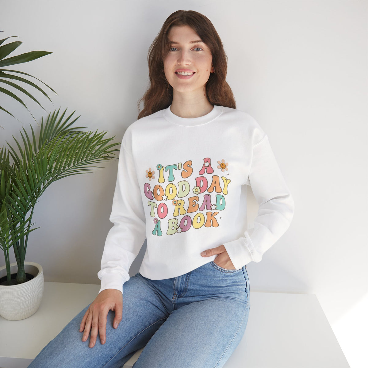 ORVIAN — Good Day to Read a Book Crewneck, Retro Floral Book Lover Sweatshirt Unisex Heavy Blend