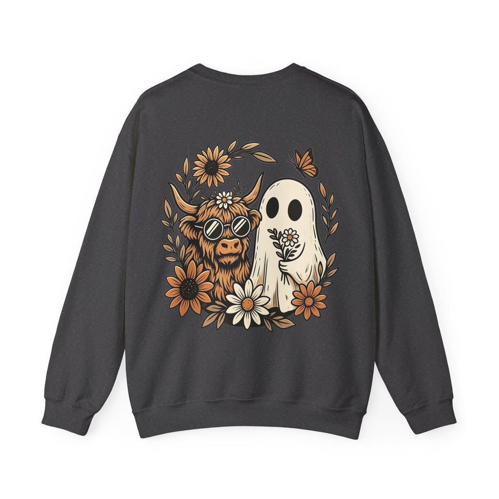 ORVIAN — Highland Cow & Cute Ghost Western Floral Crewneck, Spooky Unisex Sweatshirt