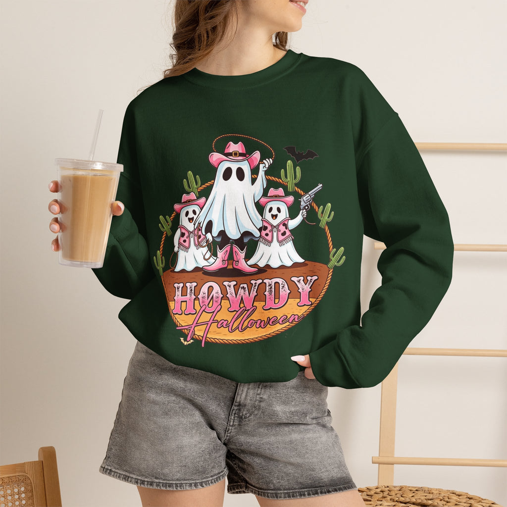 ORVIAN — Howdy Halloween Ghost Cowboy Crewneck, Pink Cowboo Western Unisex Heavy Blend