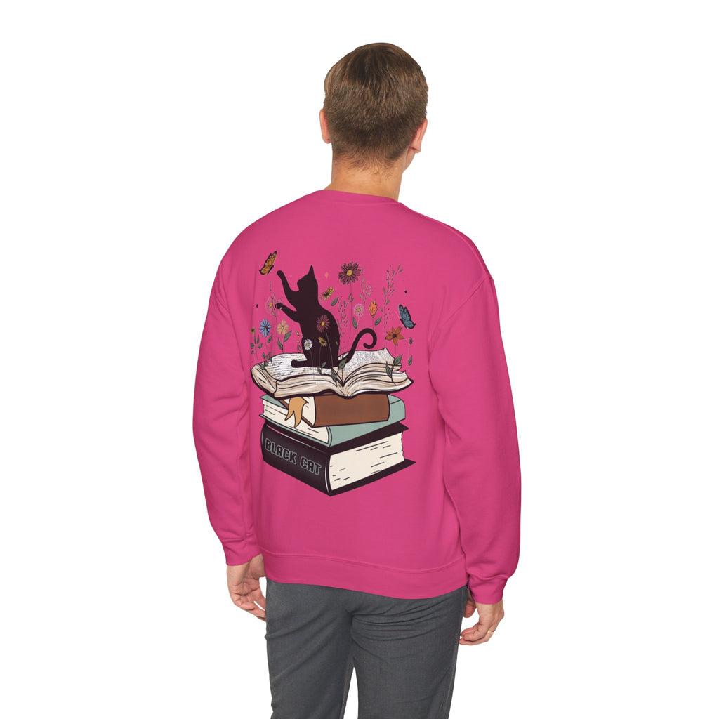 ORVIAN — Life Is Better With Flowers, Cats & Books Crewneck, Black Cat Book Stack Unisex