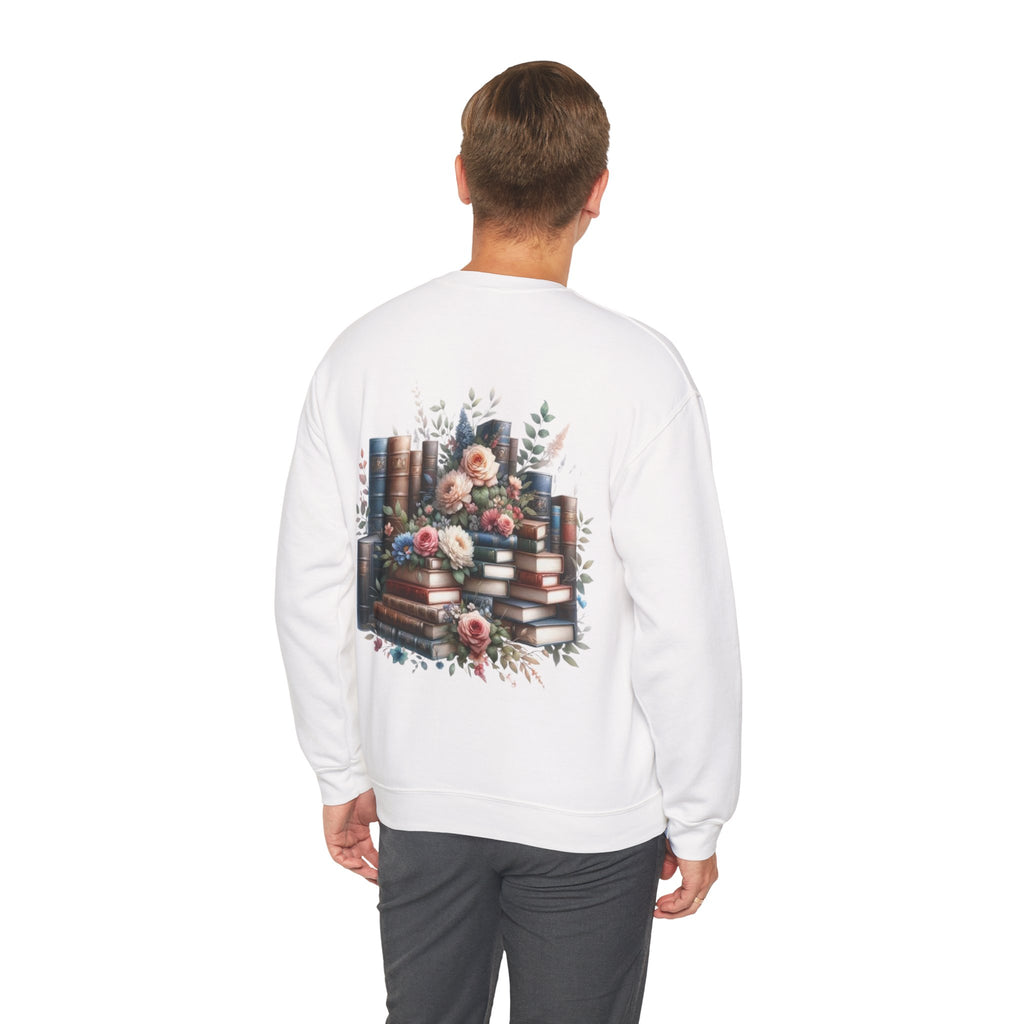 ORVIAN — Blue Watercolor Floral Book Crewneck, Open Book Wildflower Literary Unisex Heavy Blend