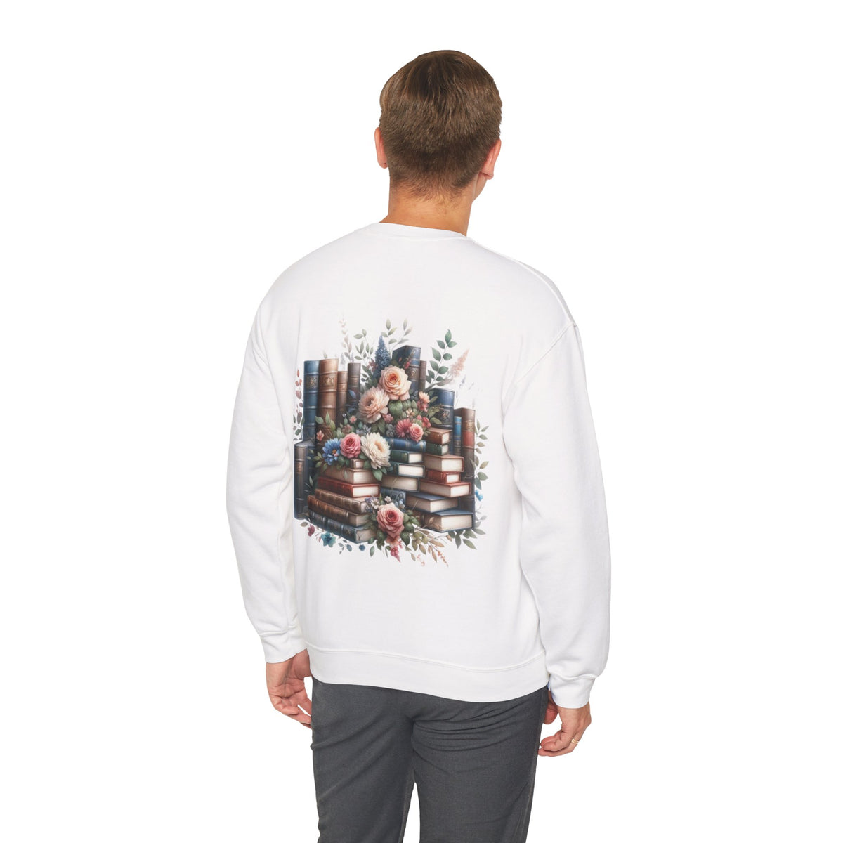 ORVIAN — Blue Watercolor Floral Book Crewneck, Open Book Wildflower Literary Unisex Heavy Blend