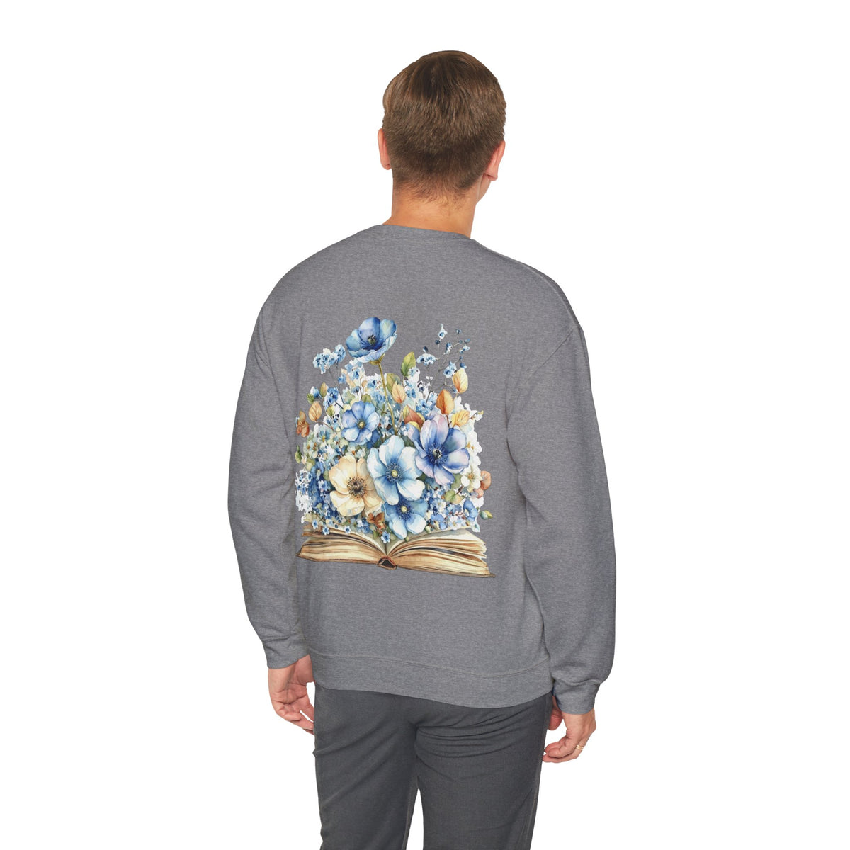 ORVIAN — Blue Watercolor Floral Book Crewneck, Open Book Wildflower Literary Unisex Heavy Blend