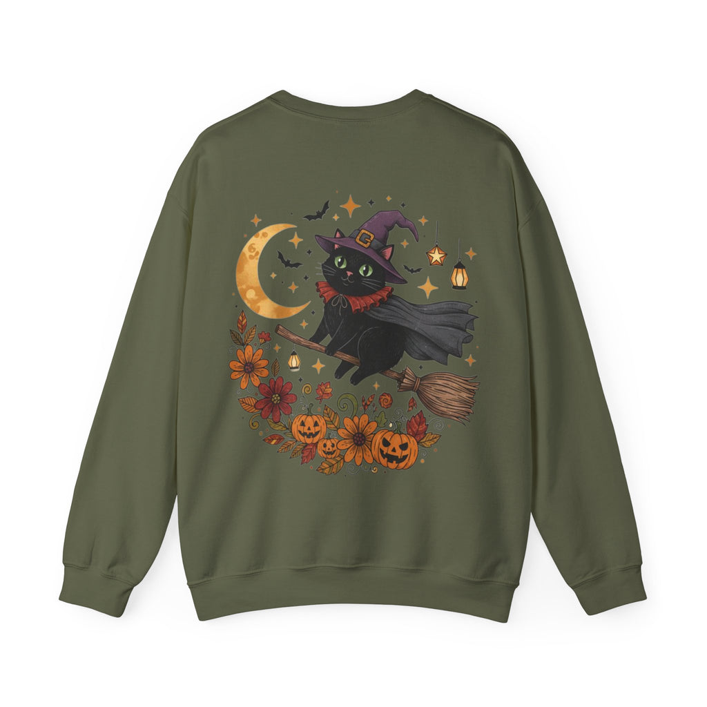 ORVIAN — Witch Cat Halloween Crewneck, Flying Black Cat & Pumpkin Patch Unisex Sweatshirt