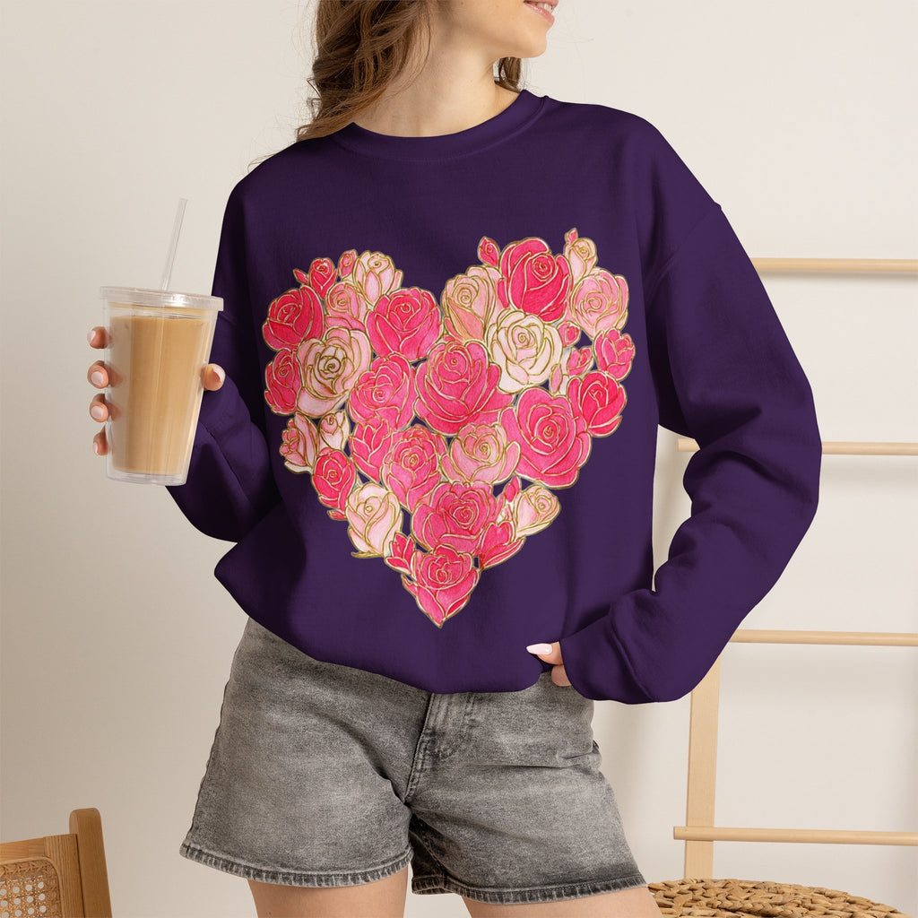 ORVIAN — Floral Rose Heart Crewneck, Romantic Pink Flower Valentine Sweatshirt, Unisex Heavy Blend