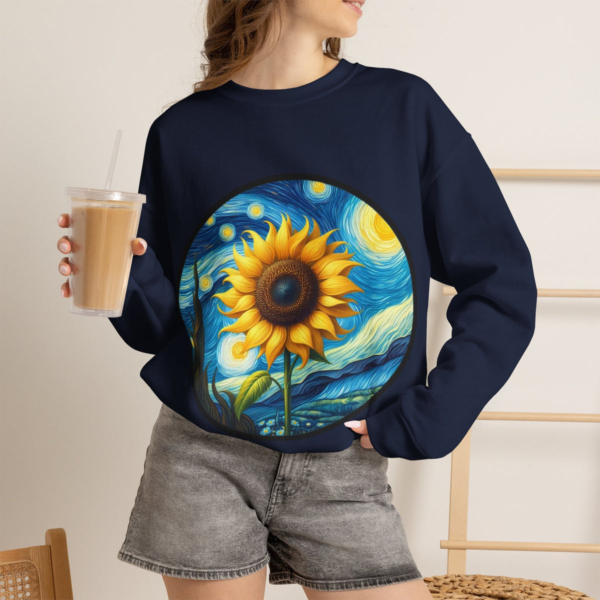 ORVIAN — Van Gogh Starry Night Sunflower & Artist Easel Crewneck, Art-Inspired Sweatshirt