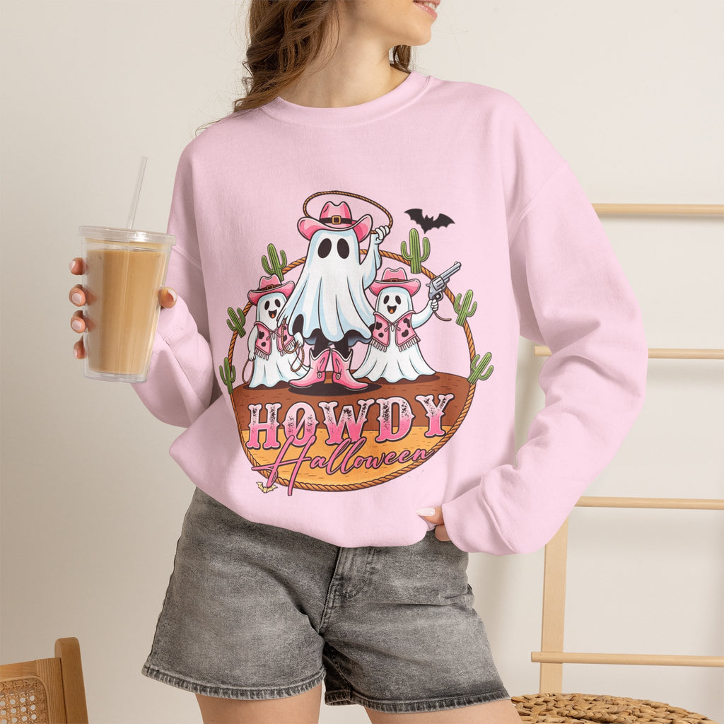 ORVIAN — Howdy Halloween Ghost Cowboy Crewneck, Pink Cowboo Western Unisex Heavy Blend