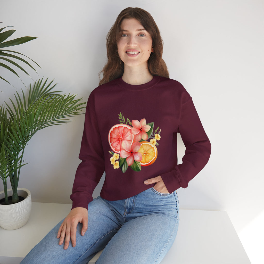 ORVIAN — Tropical Citrus & Pink Floral Crewneck, Grapefruit Orange Watercolor Unisex Heavy Blend