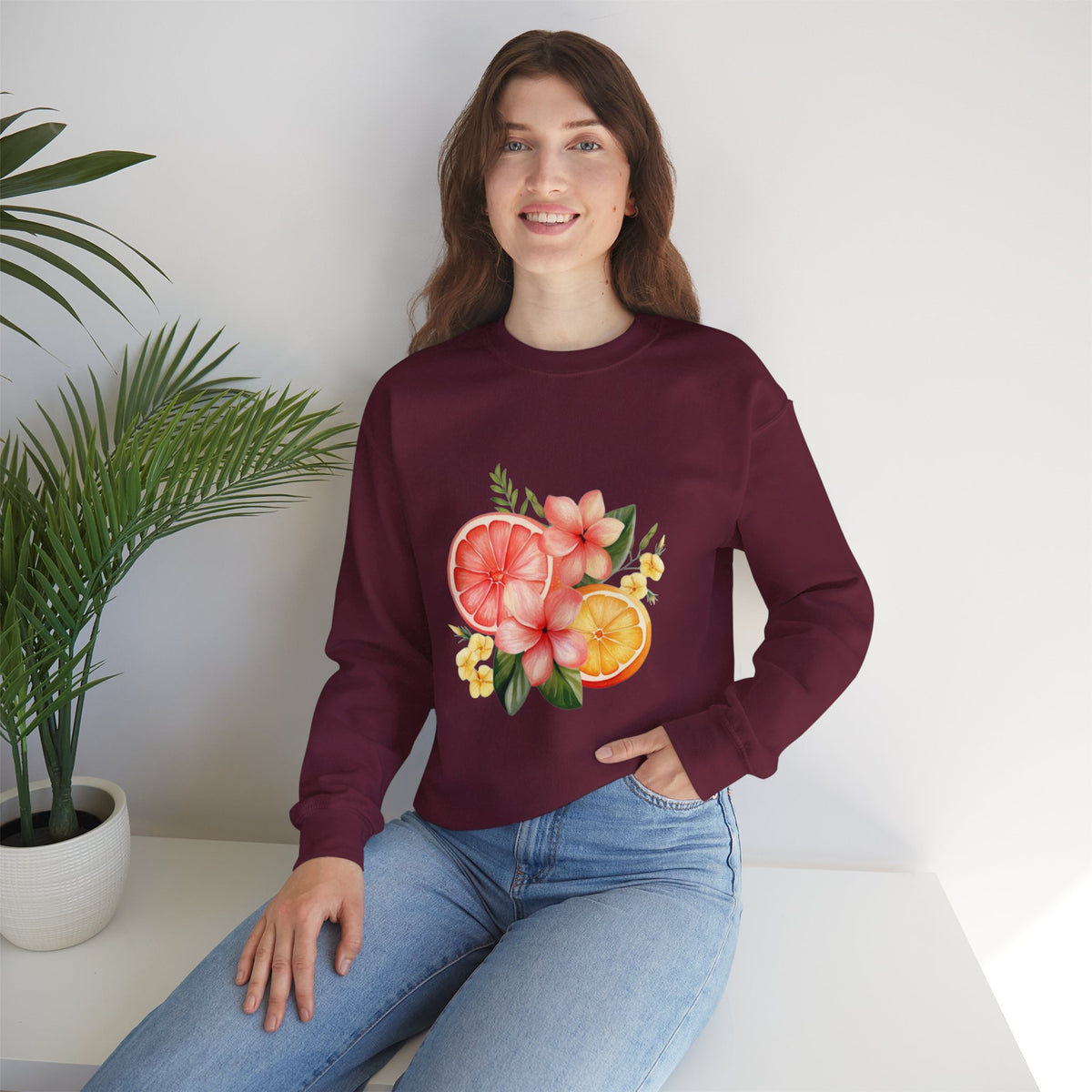 ORVIAN — Tropical Citrus & Pink Floral Crewneck, Grapefruit Orange Watercolor Unisex Heavy Blend