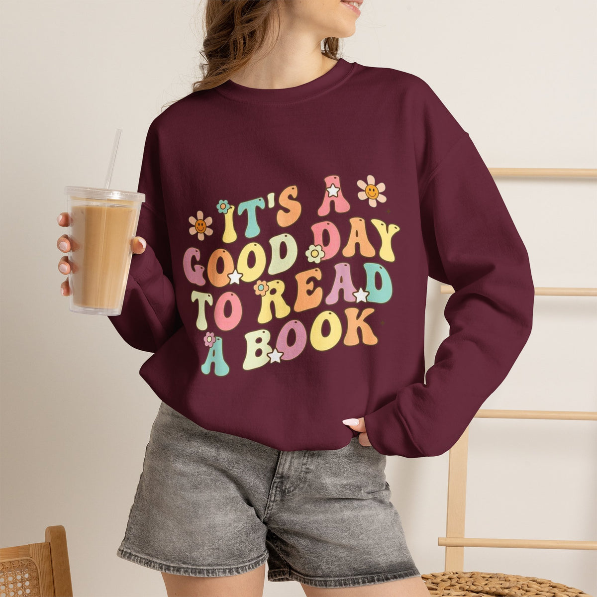 ORVIAN — Good Day to Read a Book Crewneck, Retro Floral Book Lover Sweatshirt Unisex Heavy Blend