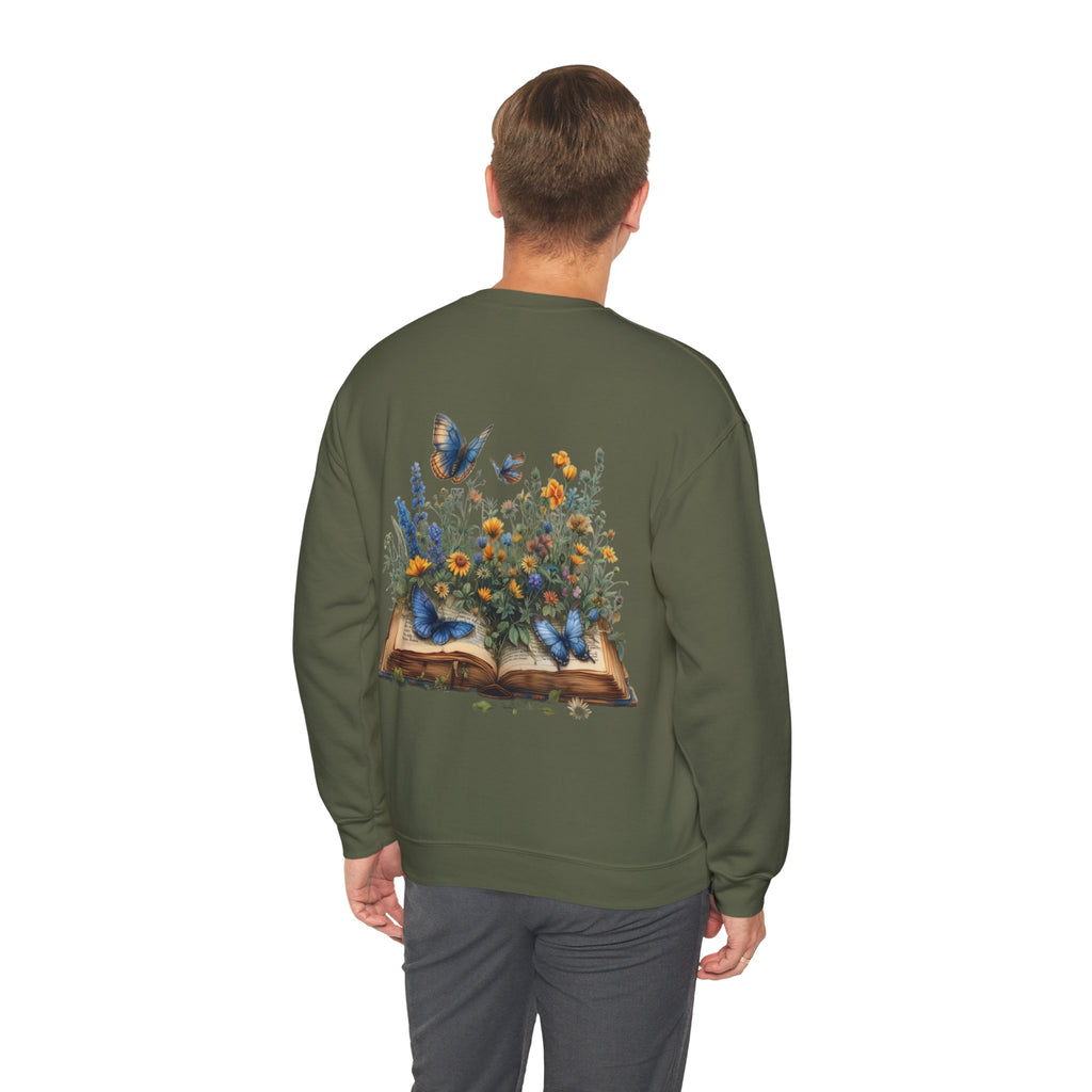 ORVIAN — Watercolor Floral Book & Butterfly Crewneck, Literary Nature Unisex Heavy Blend
