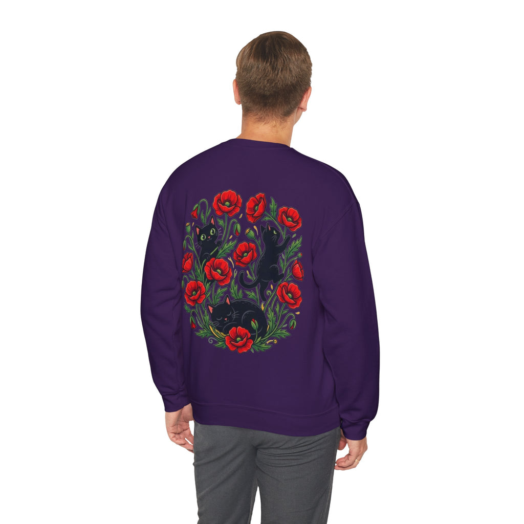 ORVIAN — Black Cat & Red Poppies Floral Crewneck, Elegant Nature Unisex Heavy Blend