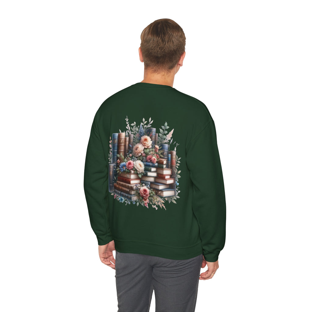 ORVIAN — Blue Watercolor Floral Book Crewneck, Open Book Wildflower Literary Unisex Heavy Blend