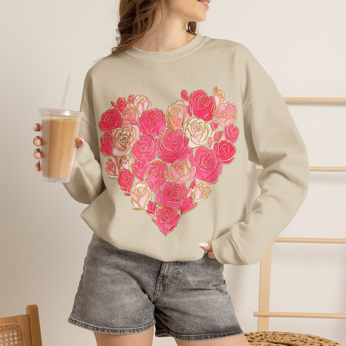 ORVIAN — Floral Rose Heart Crewneck, Romantic Pink Flower Valentine Sweatshirt, Unisex Heavy Blend