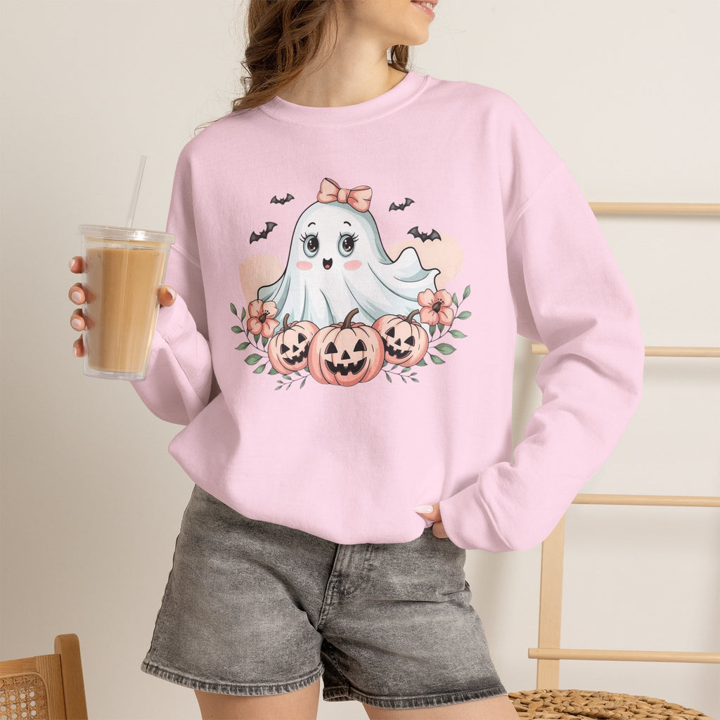 ORVIAN — Pink Halloween Coquette Ghost Crewneck, Bow & Pumpkin Unisex Heavy Blend