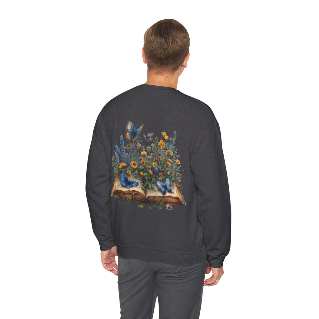 ORVIAN — Watercolor Floral Book & Butterfly Crewneck, Literary Nature Unisex Heavy Blend