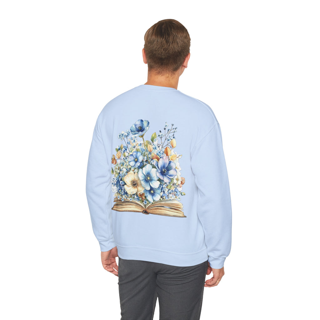 ORVIAN — Blue Watercolor Floral Book Crewneck, Open Book Wildflower Literary Unisex Heavy Blend