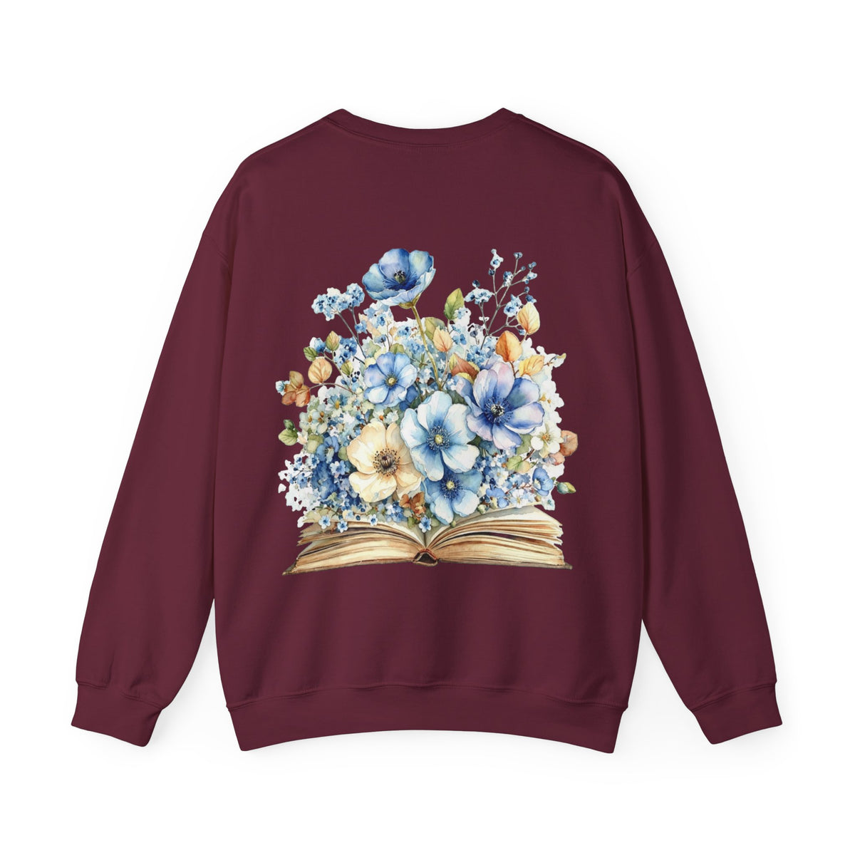 ORVIAN — Blue Watercolor Floral Book Crewneck, Open Book Wildflower Literary Unisex Heavy Blend