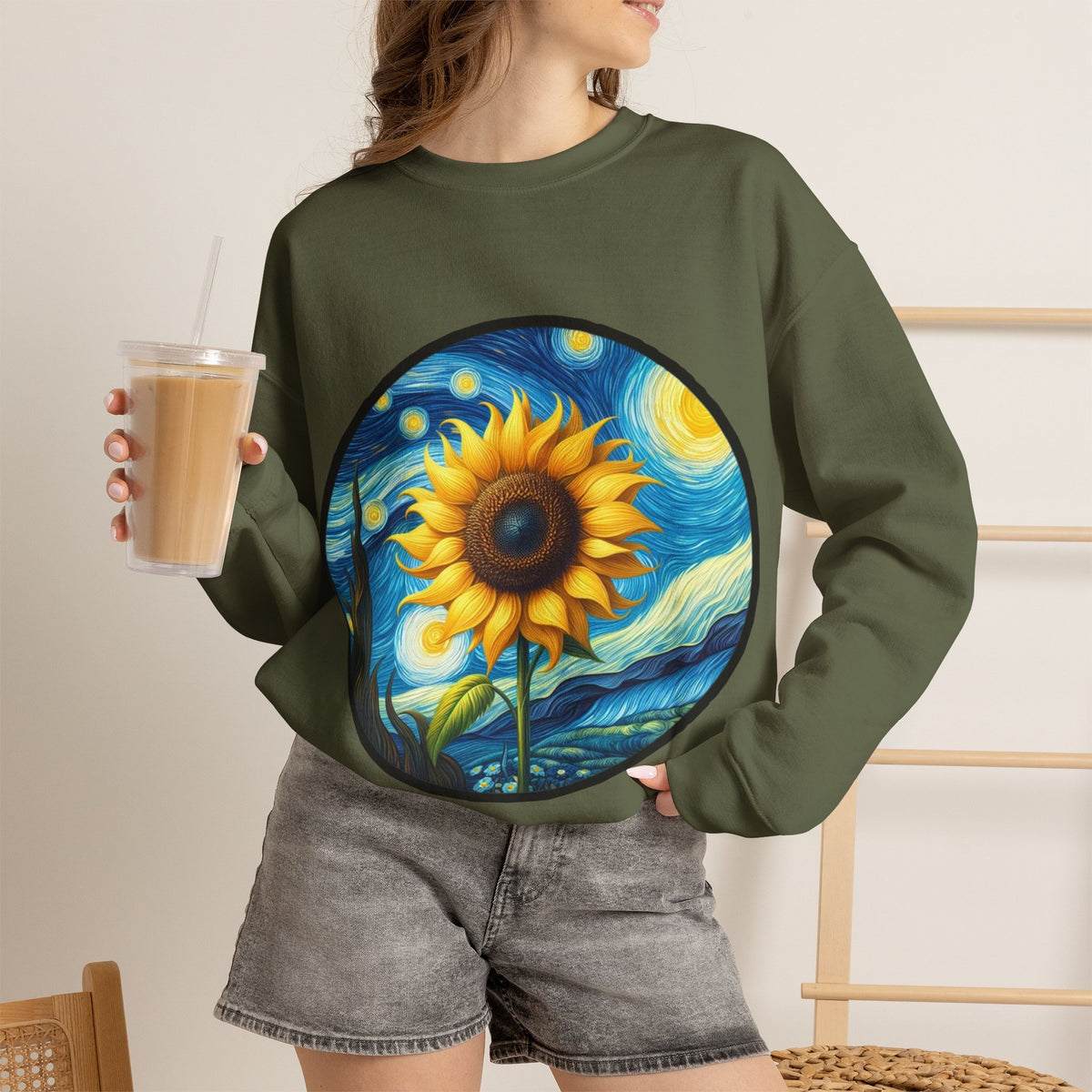 ORVIAN — Van Gogh Starry Night Sunflower & Artist Easel Crewneck, Art-Inspired Sweatshirt