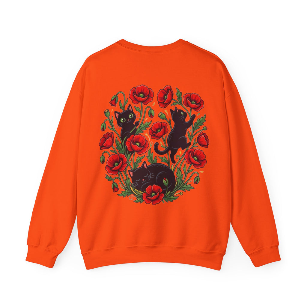 ORVIAN — Black Cat & Red Poppies Floral Crewneck, Elegant Nature Unisex Heavy Blend